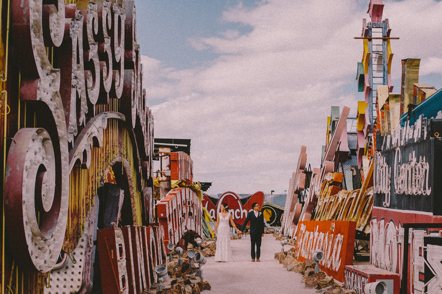 bride and groom portraits at neon museum las vegas