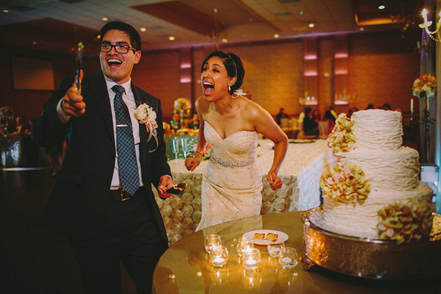 bride and groom cutting wedding cake