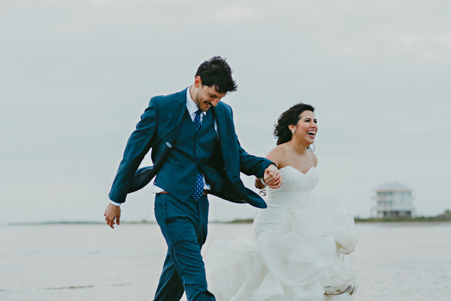 bride and groom having fun